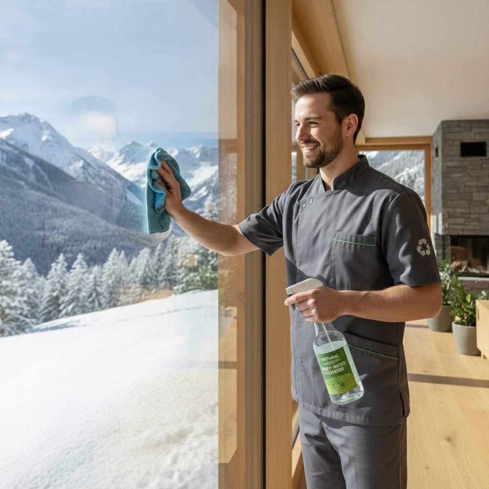 Agent ProService73 nettoyant les vitres d'un chalet avec vue sur les montagnes, produits écologiques