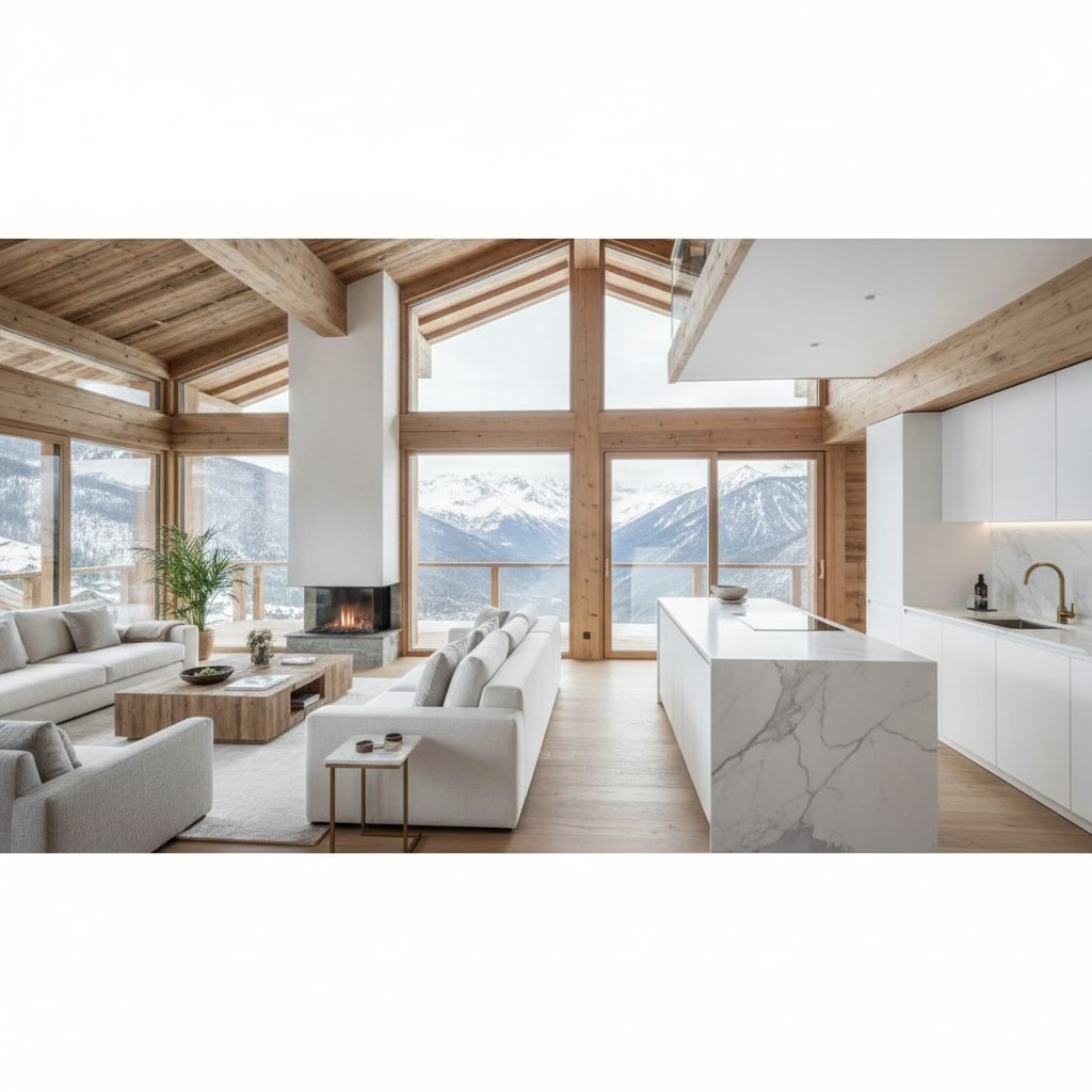 Intérieur de chalet impeccable avec vue sur les montagnes de Tarentaise après nettoyage professionnel