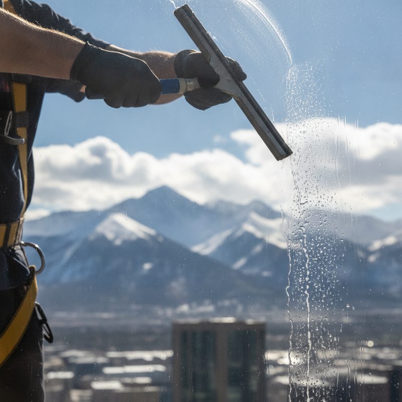 Streak-free window cleaning with a mountain view